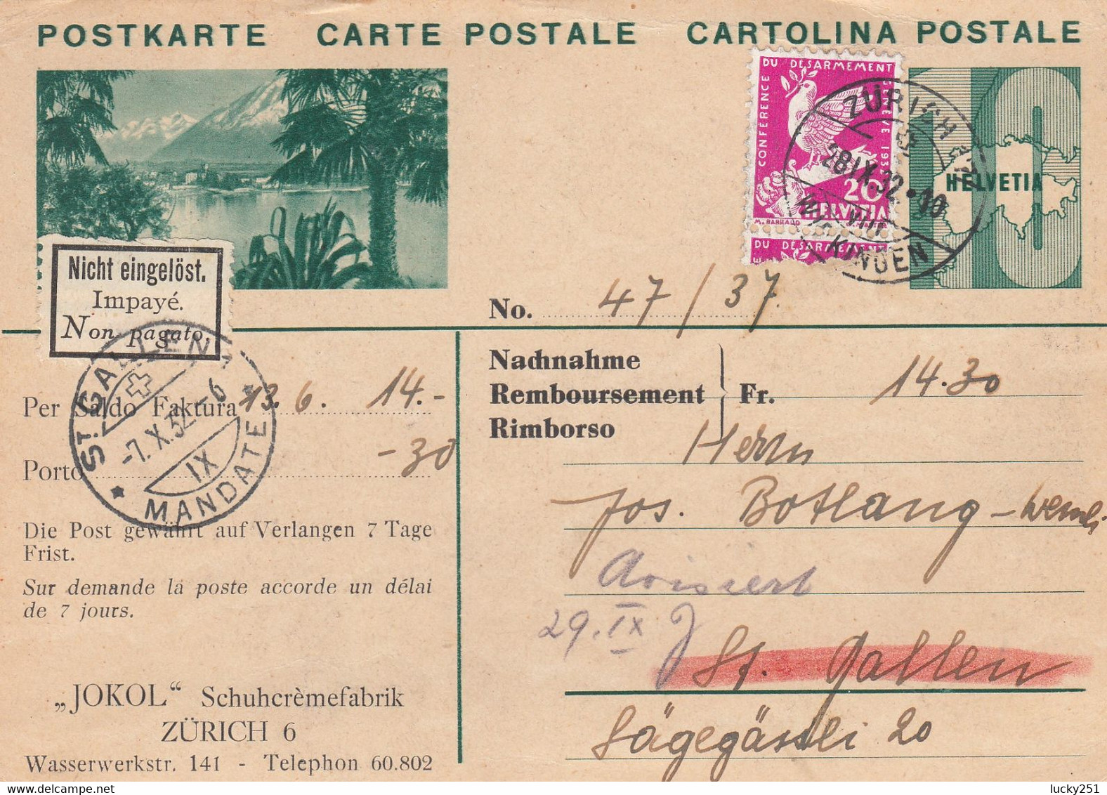 Suisse - Entiers Postaux - Carte Illustrée Ascona -  De Zürich à St Gallen - 28/09/1932 - Publicité Au Verso - Interi Postali