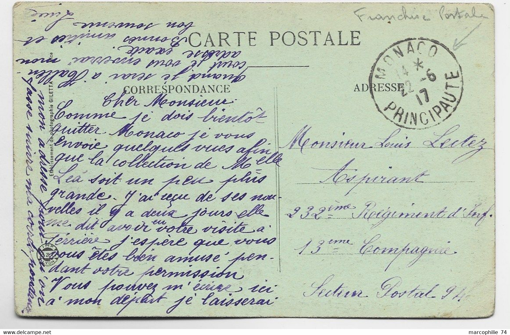 MONACO PRINCIPAUTE 22.6.1917 CARTE EN FRANCHISE POUR SECTEUR POSTAL 94 - Briefe U. Dokumente