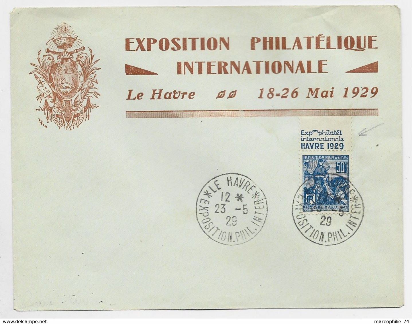 JEANNE D' ARC 50C PUB EXPO PHIL HAVRE 1929 LETTRE ENTETE CONCORDANTE 23.5.1929 LE HAVRE NON VOYAGEE - Andere & Zonder Classificatie