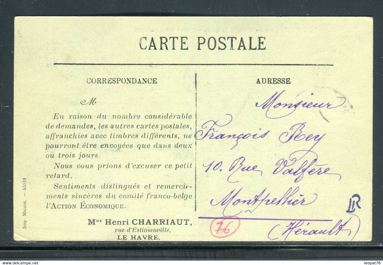 Belgique / France - Affranchissement Du Havre Sur Carte Postale En 1915 Pour Montpellier ( Gouv. En Exil ) - Ref O 11 - Andere & Zonder Classificatie