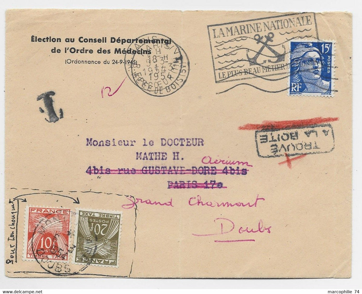 GANDON 15FR BLEU SEUL LETTRE MANQUE UN RABAT PARIS 1954 POUR PARIS REEXP CHARMONT DOUBS TAXE 10FR+20FR - 1945-54 Marianne De Gandon