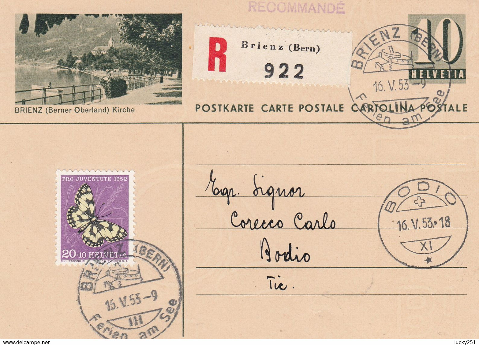 Suisse - Entiers Postaux - Carte Illustrée Brienz -  De Brienz à Bodio - 16/05/1953 - Illustration Et Oblitération Idem - Interi Postali