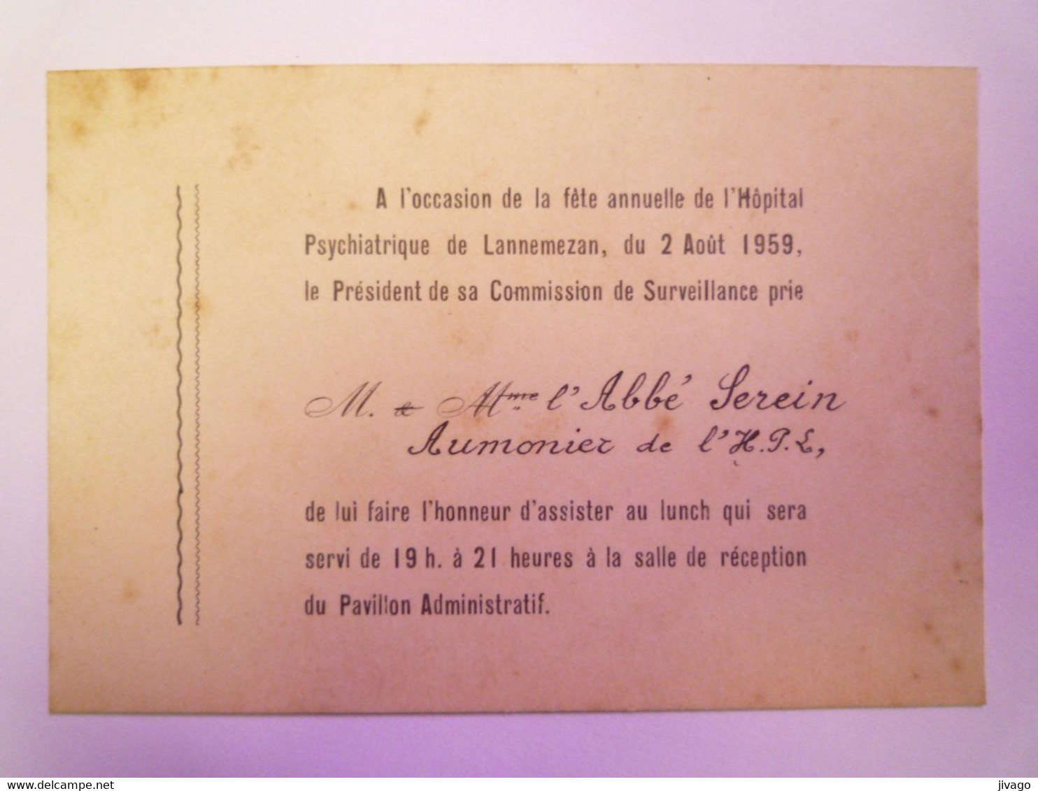 2021 - 3484  Hôpital Psychiatrique De LANNEMEZAN  (65)  :  INVITATION Au LUNCH De La Fête Annuelle  1959   XXX - Non Classés