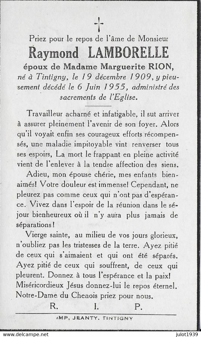 TINTIGNY ..-- Mr Raymond LAMBORELLE , époux De Mme Marguerite RION , Né En 1909 , Décdé En 1955 . - Tintigny