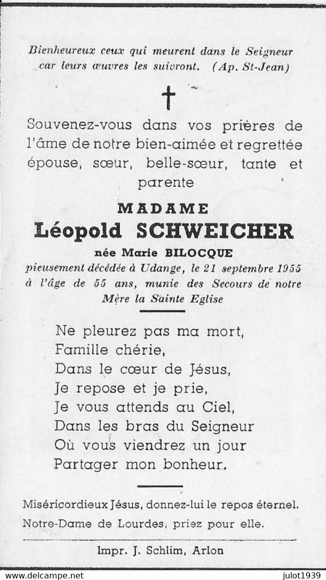 UDANGE ..-- Mme Marie BILOCQUE , épouse De Mr Léopold SCHWEICHER , Décédée En 1955 , à L' àge De 55 Ans . - Aarlen