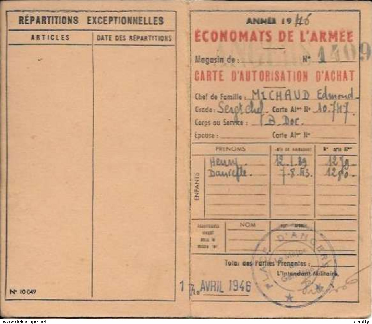 Economat De L'armée , Carte Autorisation D'achat 1946 - Documents