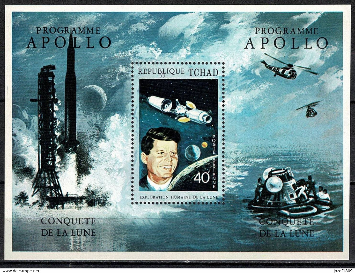 Tchad Space 1971 Peace And Science, Apollo 11, Kennedy, Launch Of Saturn 5 And Return In Sea. Souvenir Sheet - Tsjaad (1960-...)