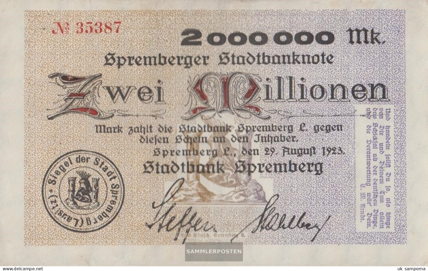 Spremberg (Lower) Inflationsgeld City Spremberg Used (III) 1923 2 Million Mark - 2 Mio. Mark