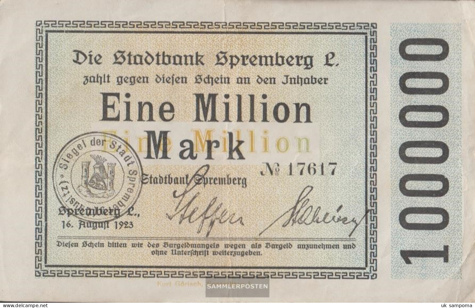 Spremberg (Lower) Inflationsgeld City Spremberg Used (III) 1923 1 One Million Mark - 1 Mio. Mark