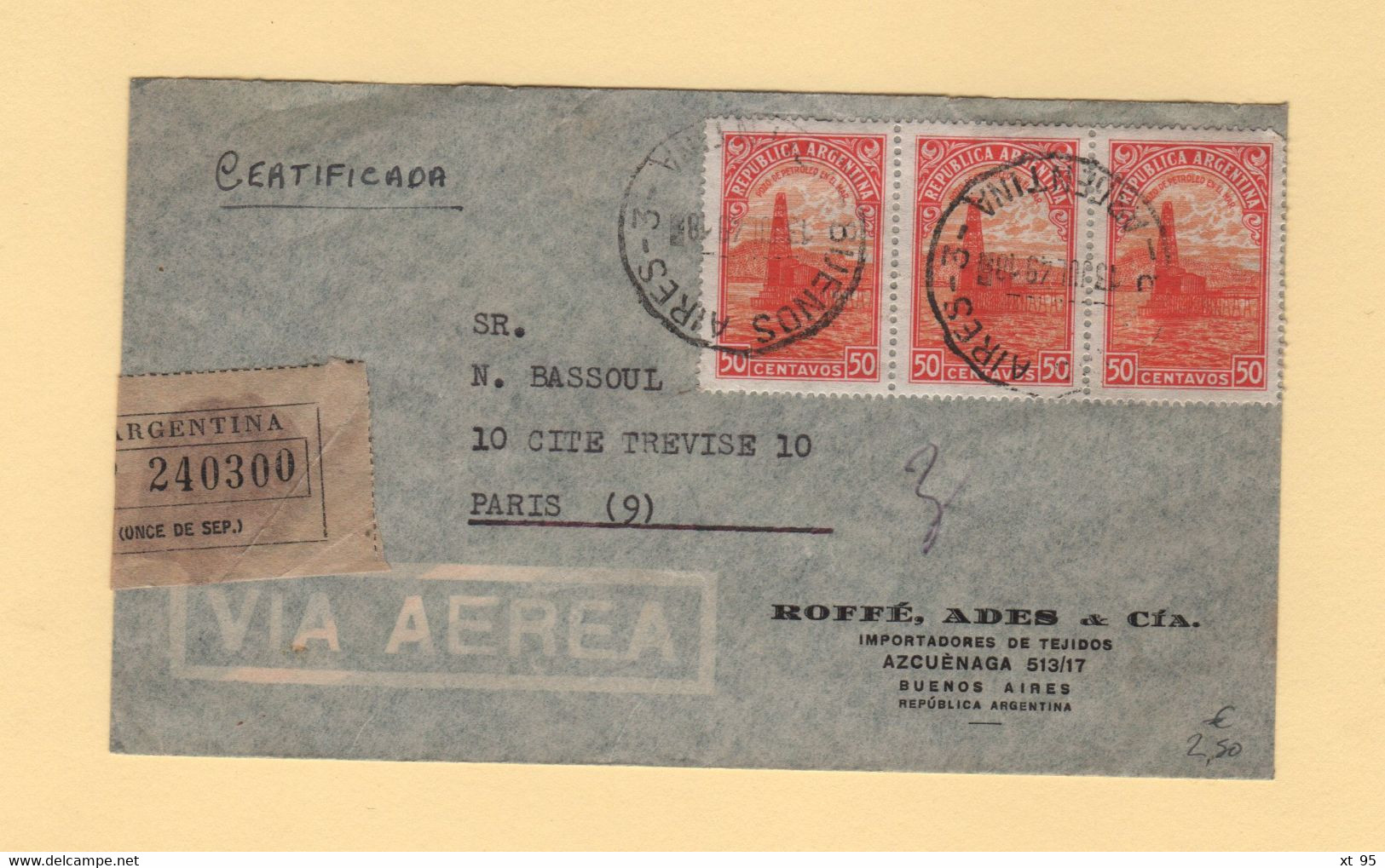 Argentine - 1949 - Recommande Par Avion Destination France - Luchtpost