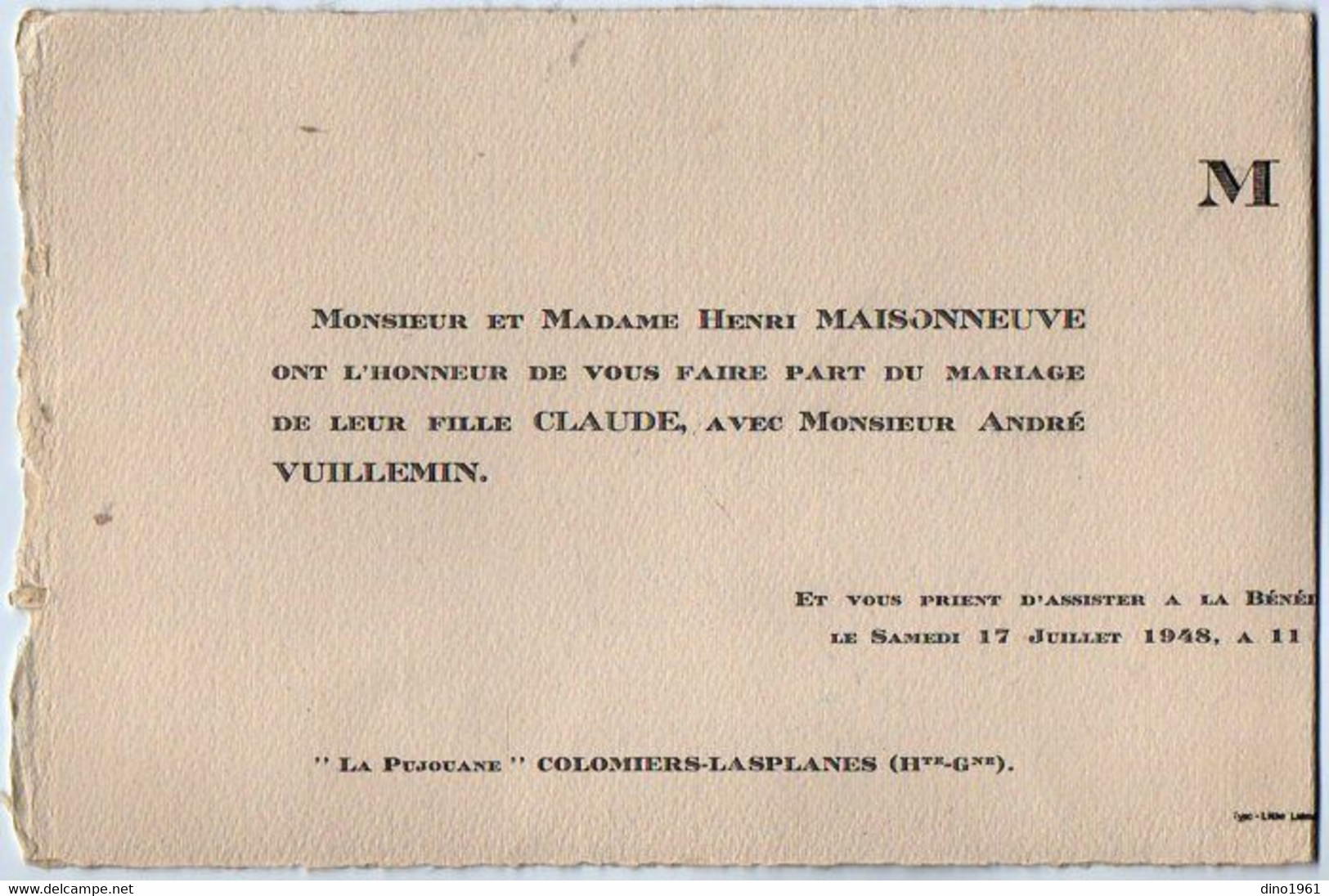 VP18.398 - COLOMIERS LASPLANES X NUITS St GEORGES 1948 - Faire Part De Mariage De Mr A.VUILLEMIN & Melle C.MAISONNEUVE - Mariage