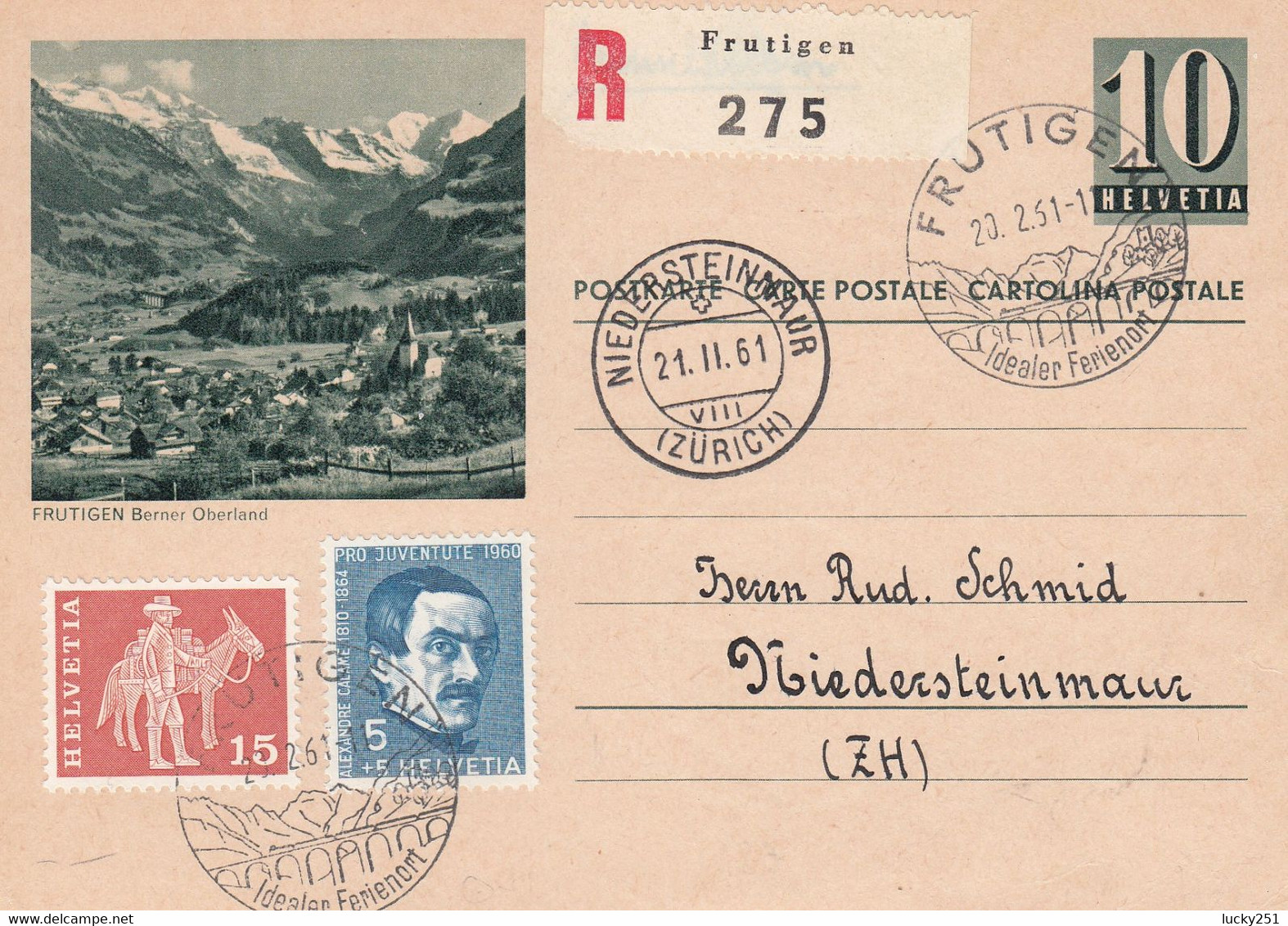 Suisse - Entiers Postaux - Carte Illustrée Frutigen -  De Frutigen à Niedersteinmaur - 20/02/1961 - Illust Et Oblit Idem - Postwaardestukken