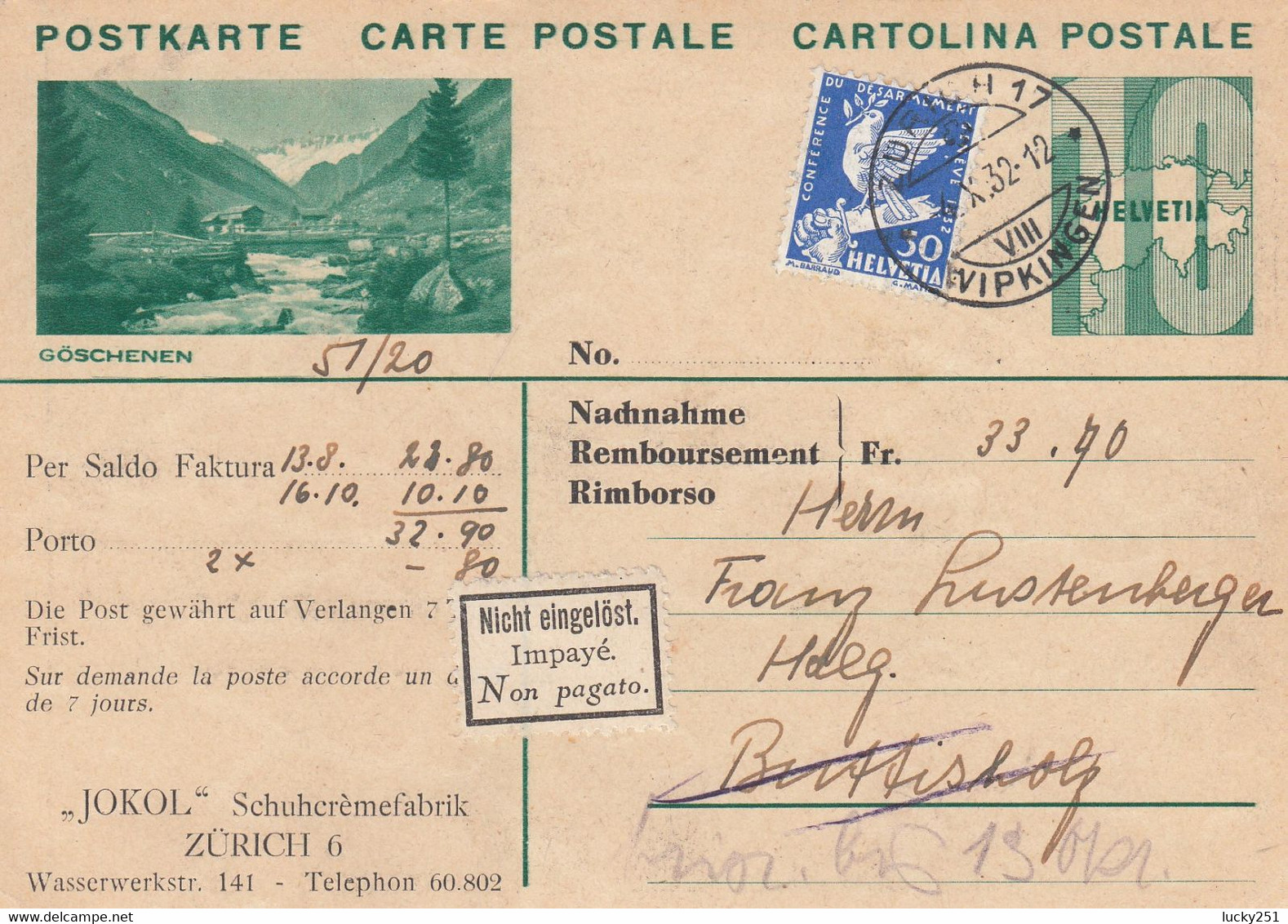 Suisse - Entiers Postaux - Carte Illustrée Göschenen -  De Zürich à ? - 04/10/1932 - Pub Au Verso - Stamped Stationery