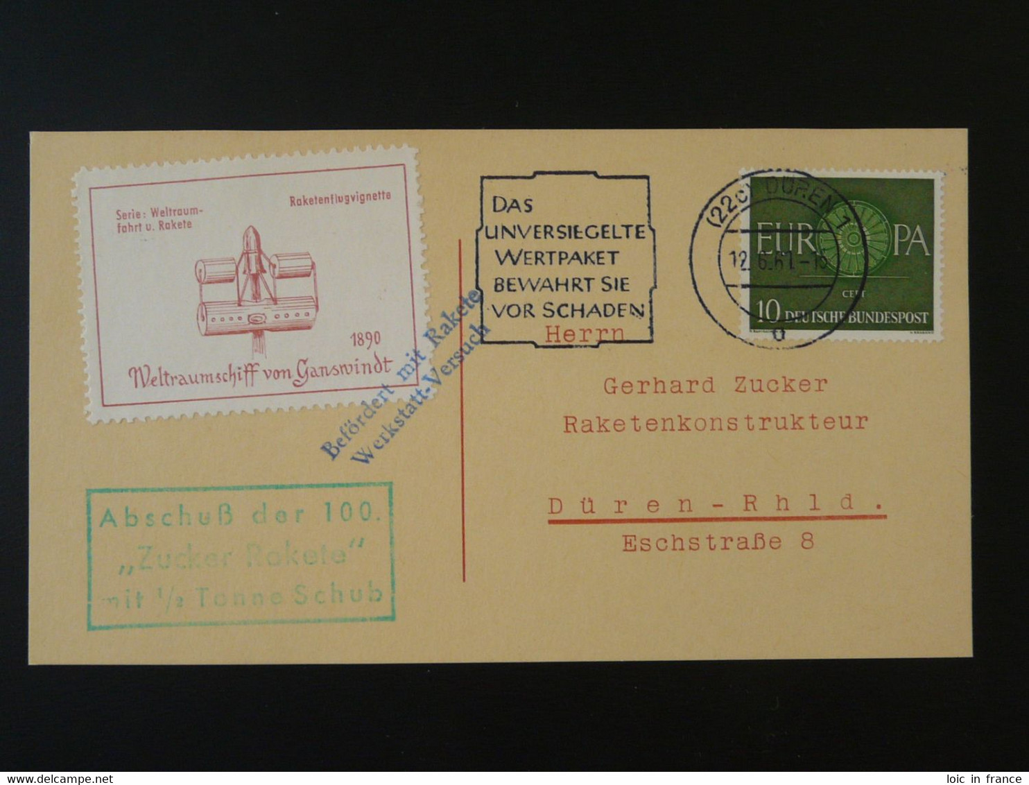 Carte Flown Postcard Zucker Rakete Rocket Mail Vignette Raketenflug Duren Europa 1961 Ref 101705 - Briefe U. Dokumente