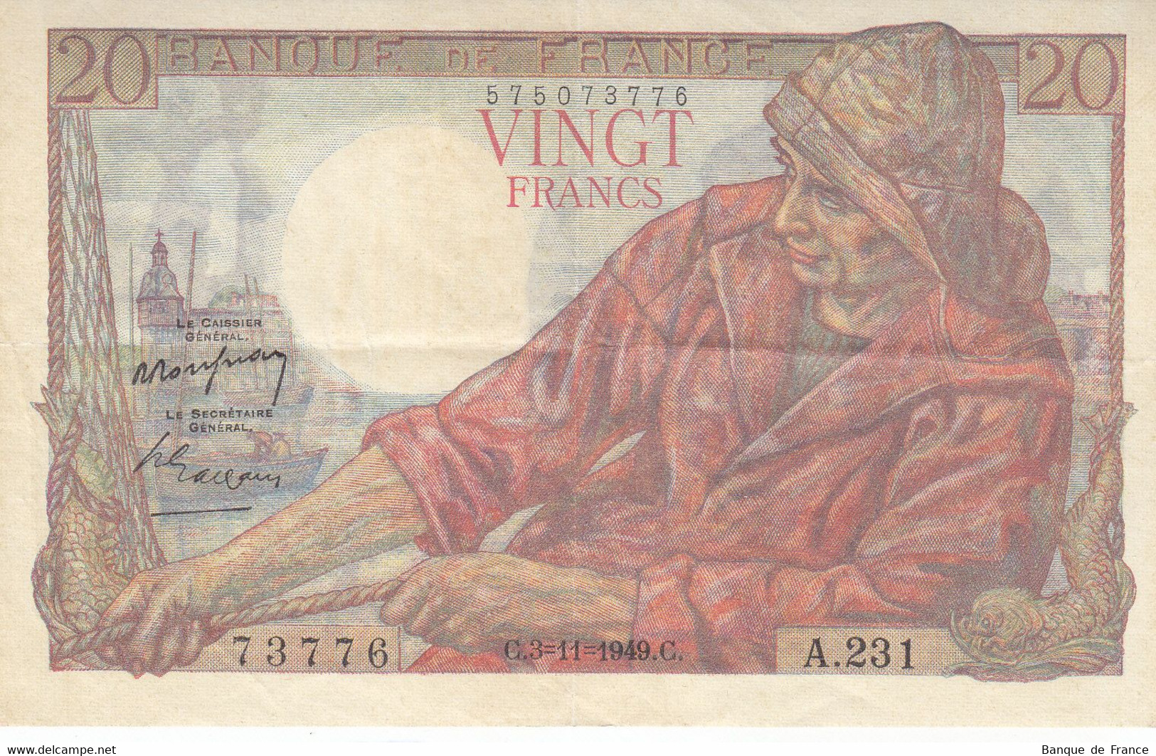 Billet 20 F Pêcheur Du 3-11-1949 FAY 13.16 Alph. A.231 N° 73776 Bel état SANS épinglage - 20 F 1942-1950 ''Pêcheur''