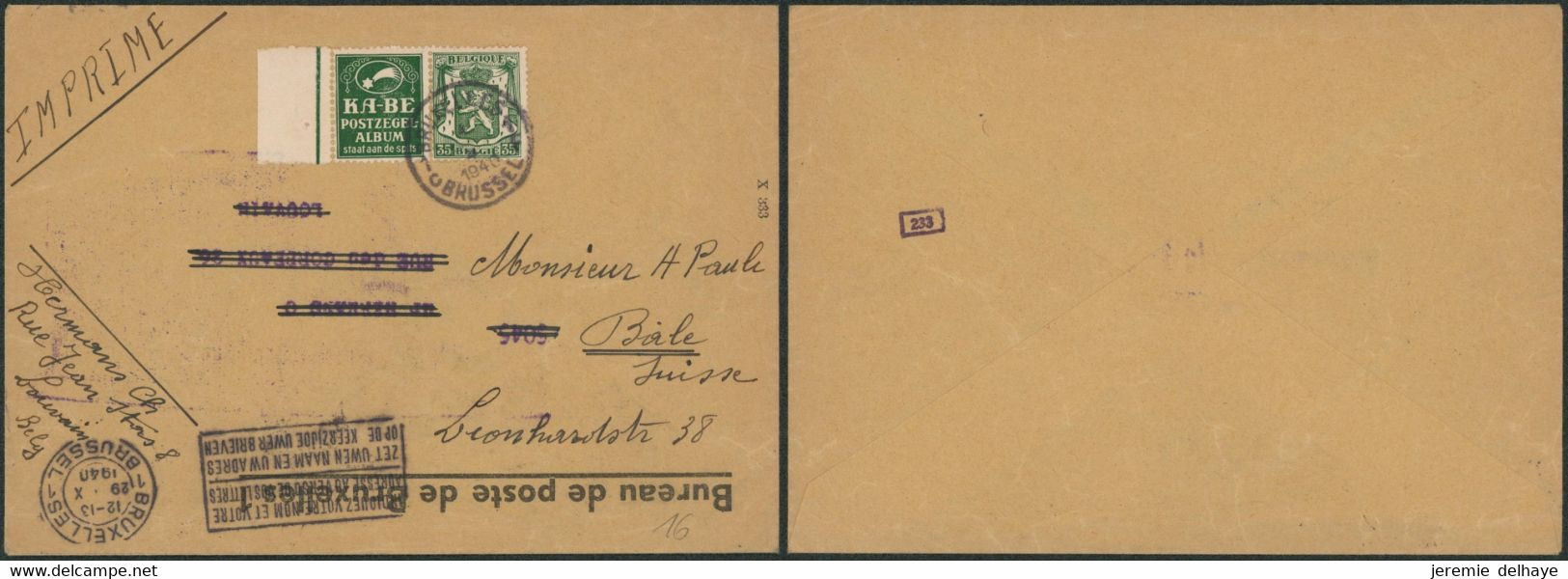 Timbres Publicitaire - PU84 "Ka-Be Postzegels ALbum" Sur L. (Tarif Imprimé) De Bruxelles > Bâle (Suisse) - Altri & Non Classificati