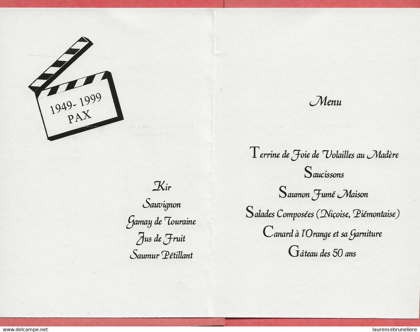 44  LE  POULIGUEN    50 Ieme ANNIVERSAIRE  DU  CINEMA PAX  4 SEPTEMBRE 1999 - Menus