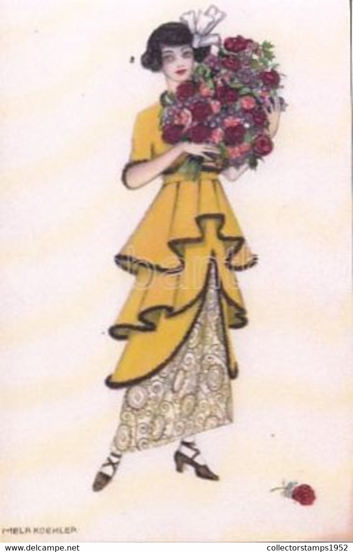 99464- MELA KOEHLER- WOMAN IN VINTAGE DRESS, SIGNED ILLUSTRATION, REPRINT - Koehler, Mela