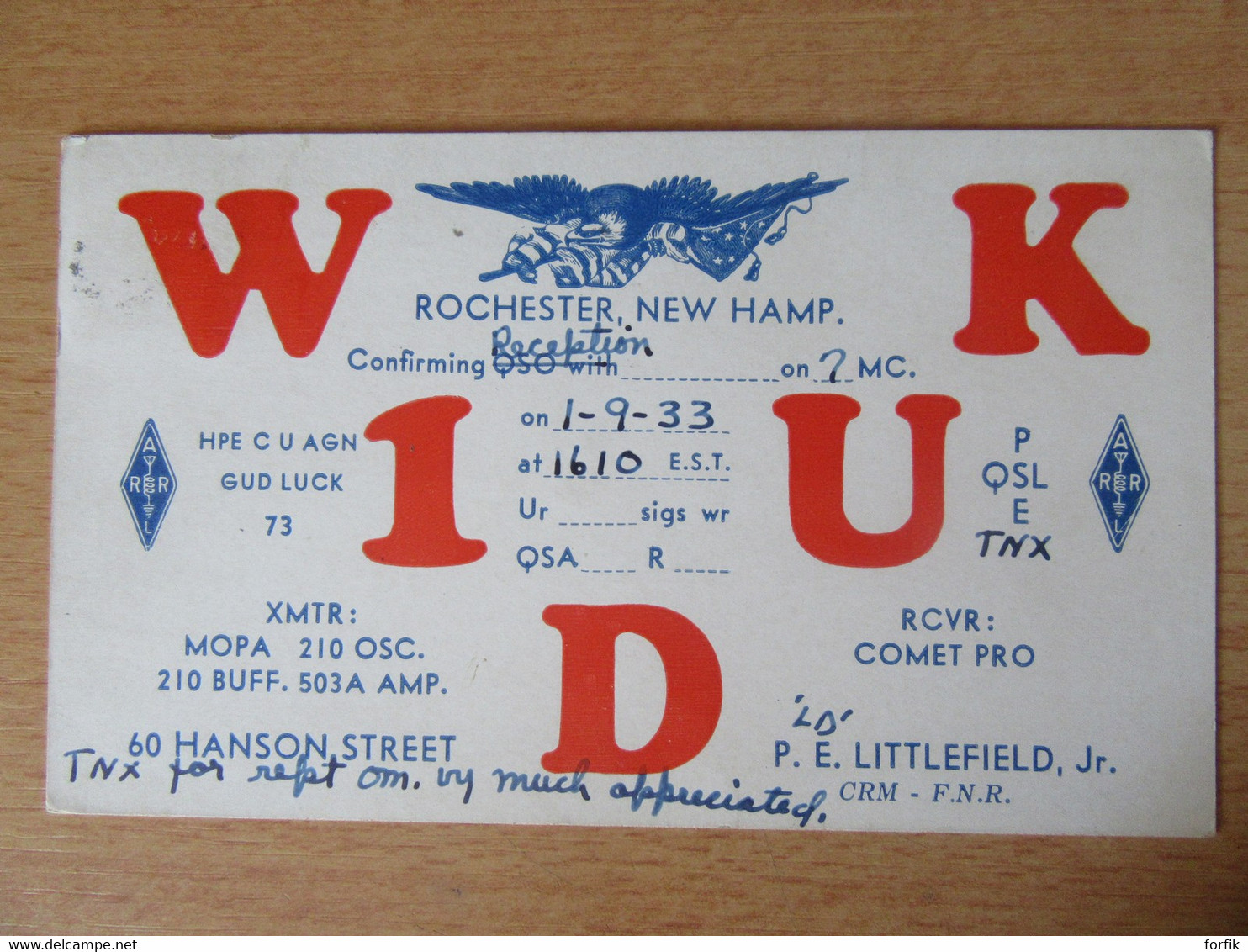 Etats-Unis / United States - Carte QSL Radio W1DUK - Rochester, New Hampshire - 1933 - Radio Amatoriale