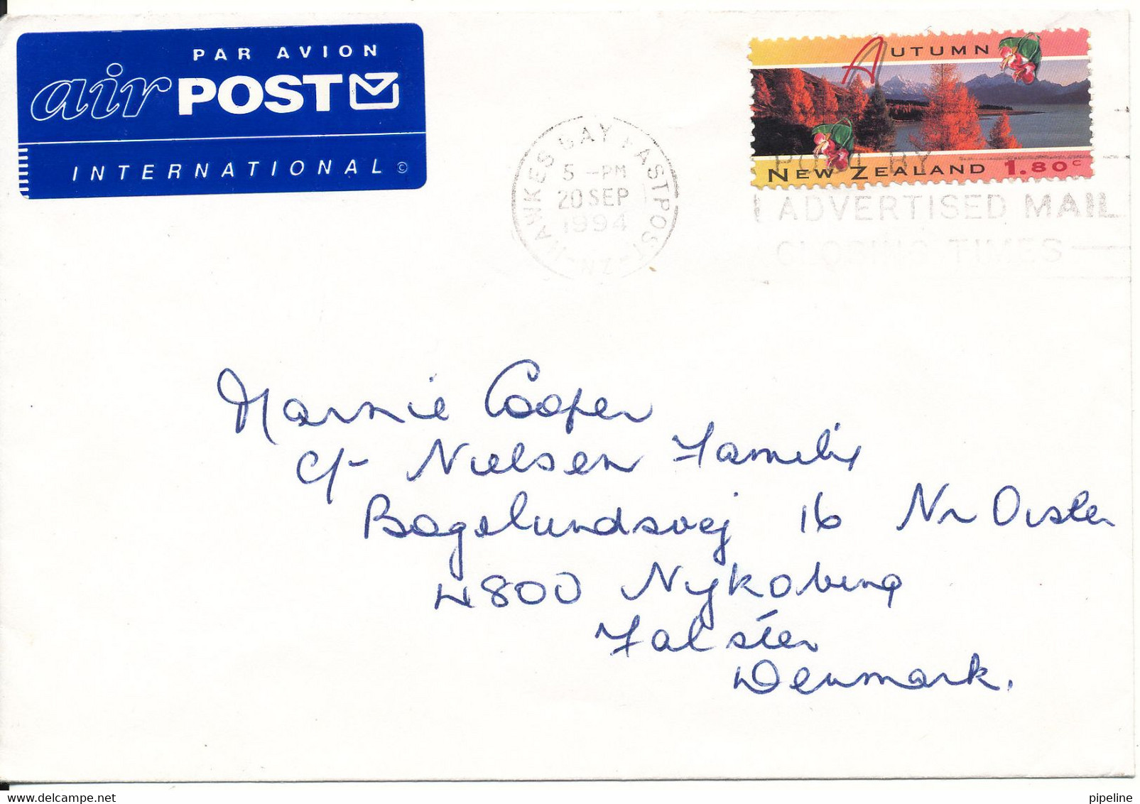 New Zealand Cover Sent To Denmark 20-9-1994 Single Franked - Lettres & Documents