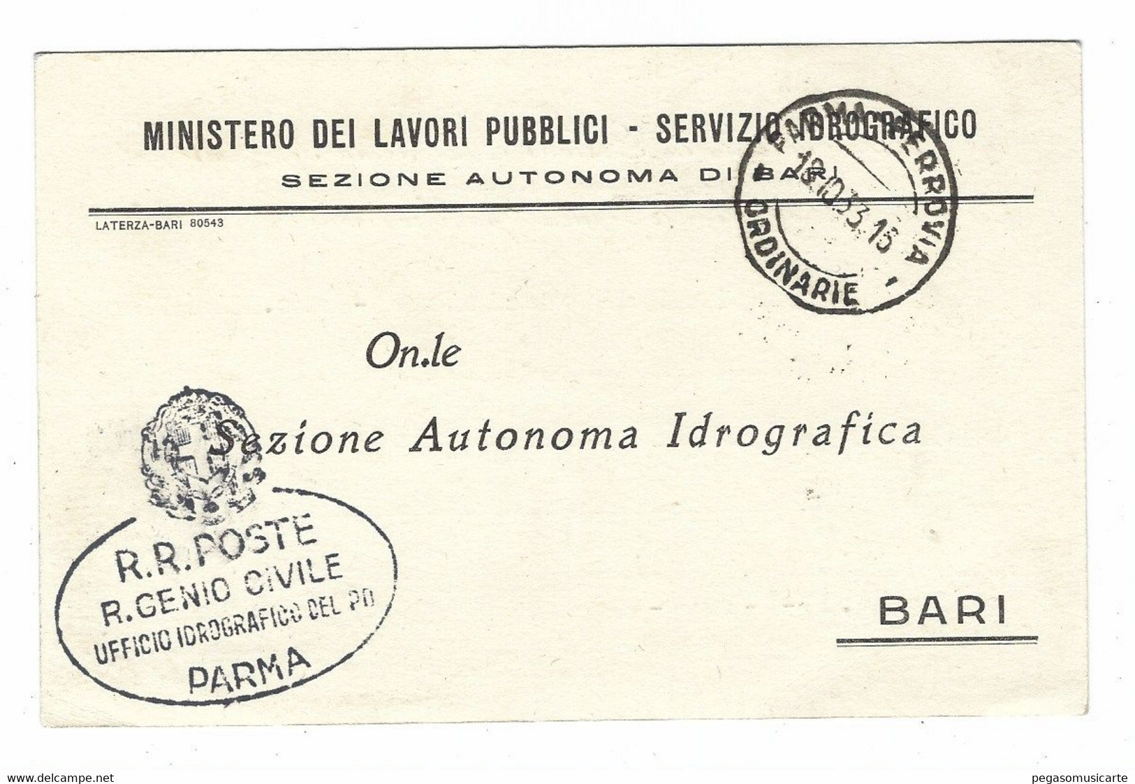 11.632 -  MINISTERO LAVORI PUBBLICI SERVIZIO IDROGRAFICO BARI GENIO CIVILE PARMA LETTERA COMMERCIALE 1933 - Bari