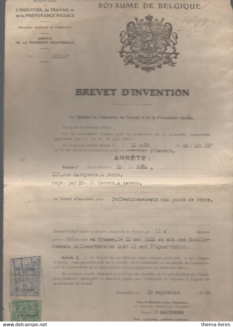 Bruxelles (Belgique) BREVET D'INVENTION 1929 Avec 2 Timbres Fiscaux DONT UN DE  8F  (PPP32580) - Documents