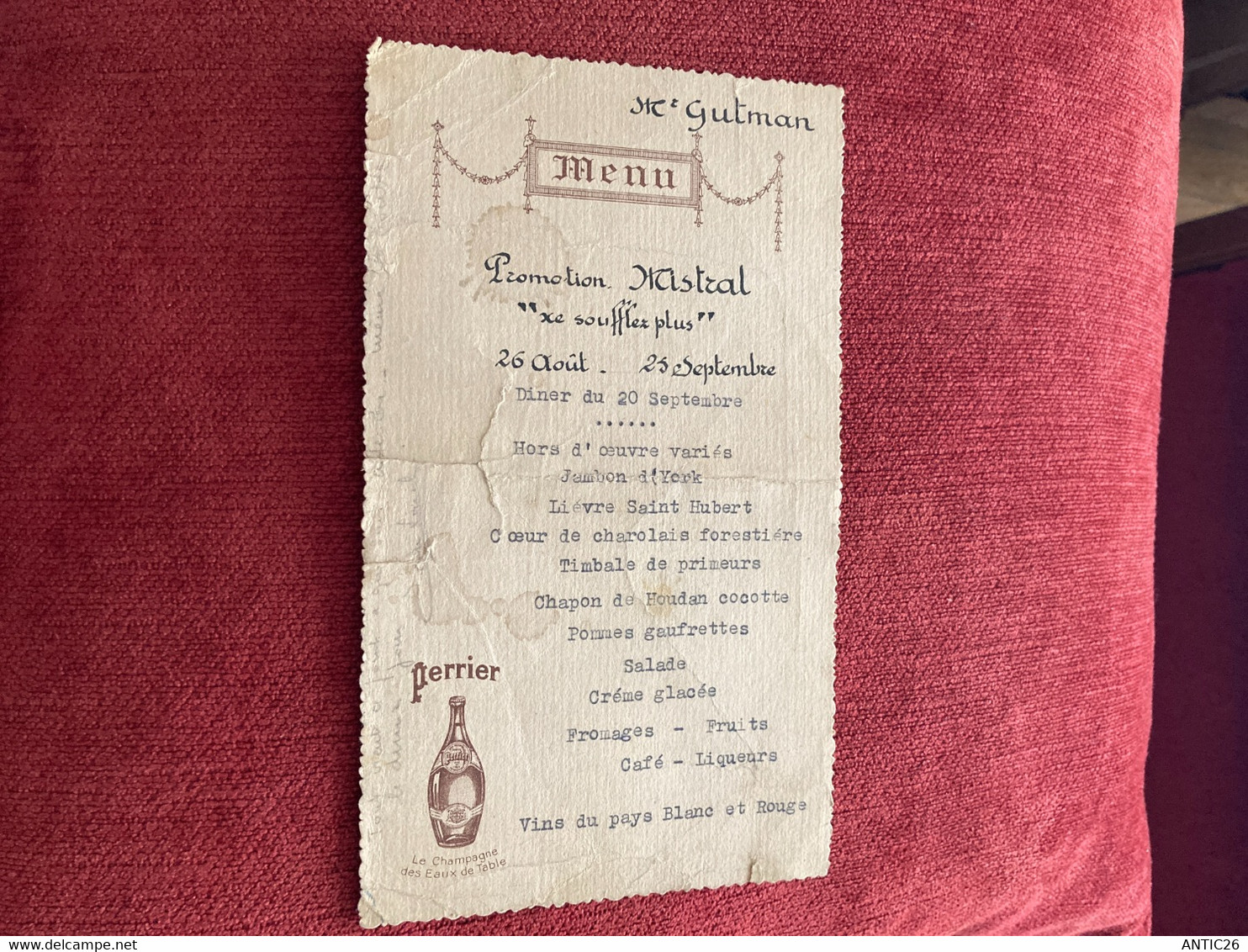 Menue Aviation Promotion Mistral Esta Arts Et Métiers 1947-48 Gutman Manuscrits Autiographe Dîner  Pub Perrier - Menú