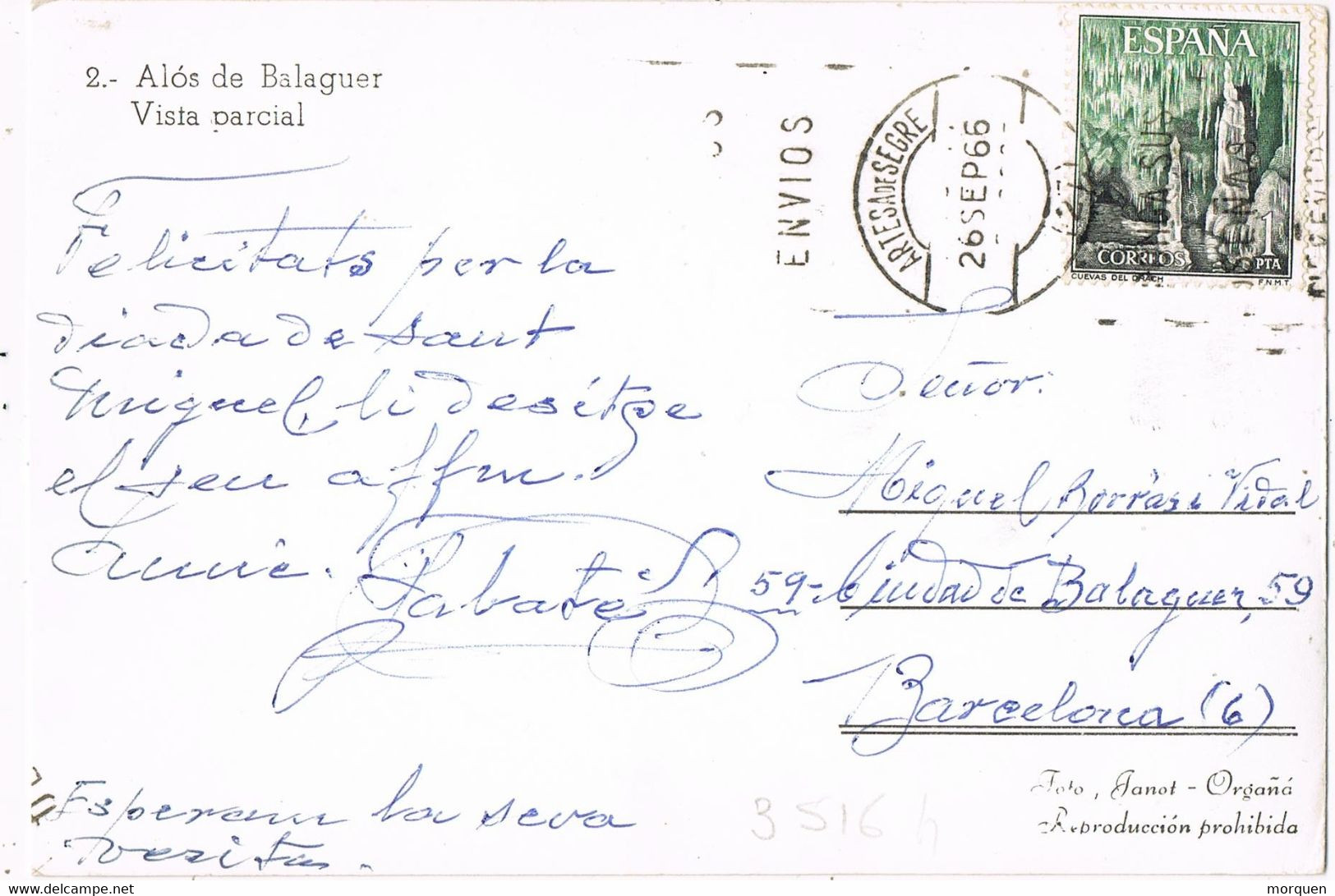 42113. Postal ARTESA De SEGRE (Lerida) 1966. Vista ALOS De BALAGUER - Lettres & Documents