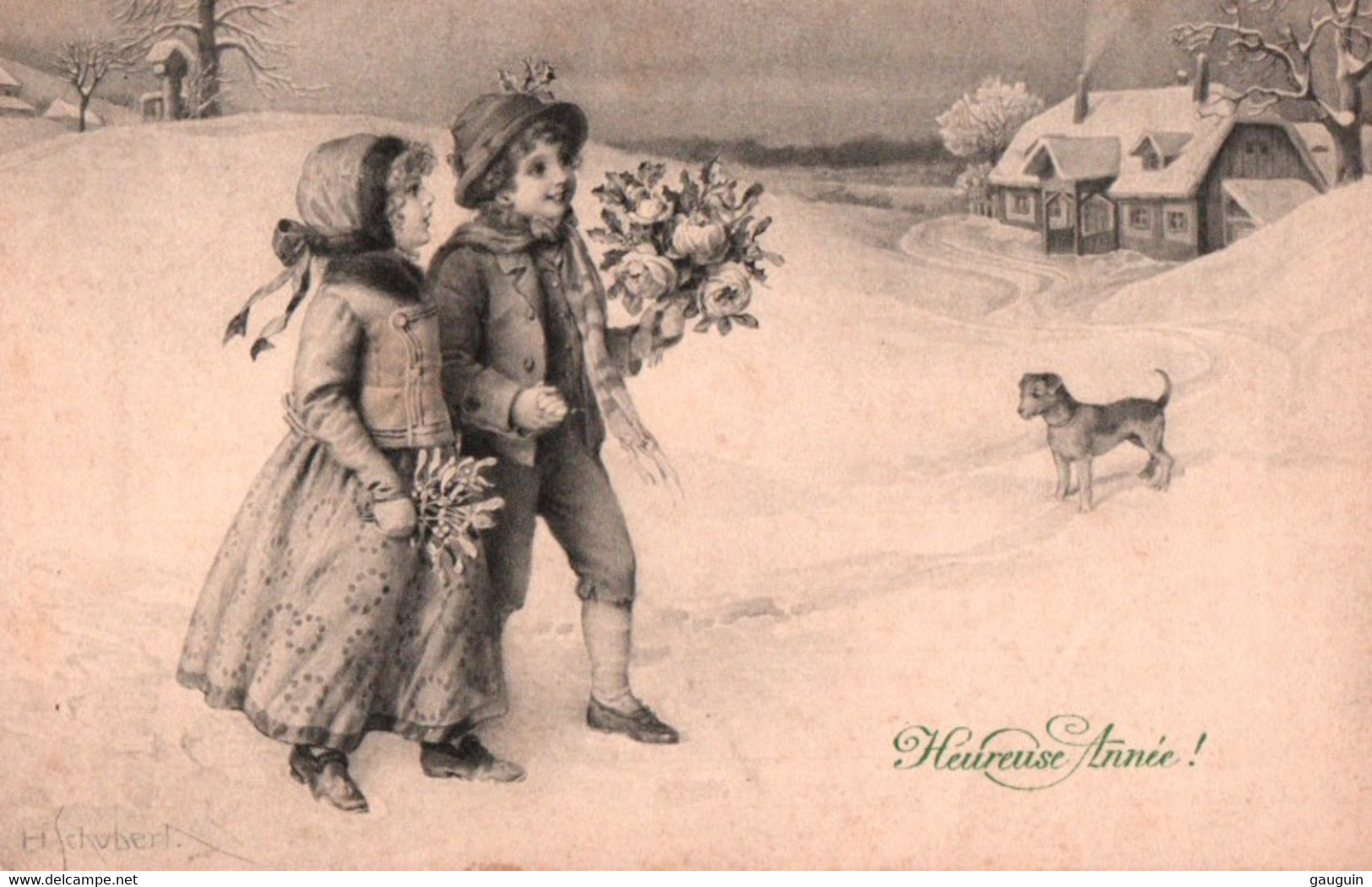 CPA - Illustration H.SCHUBERT - Couple D'enfants Paysage Hivernal (Fantaisie "Bonne Année") - Edition M.Munk - Schubert