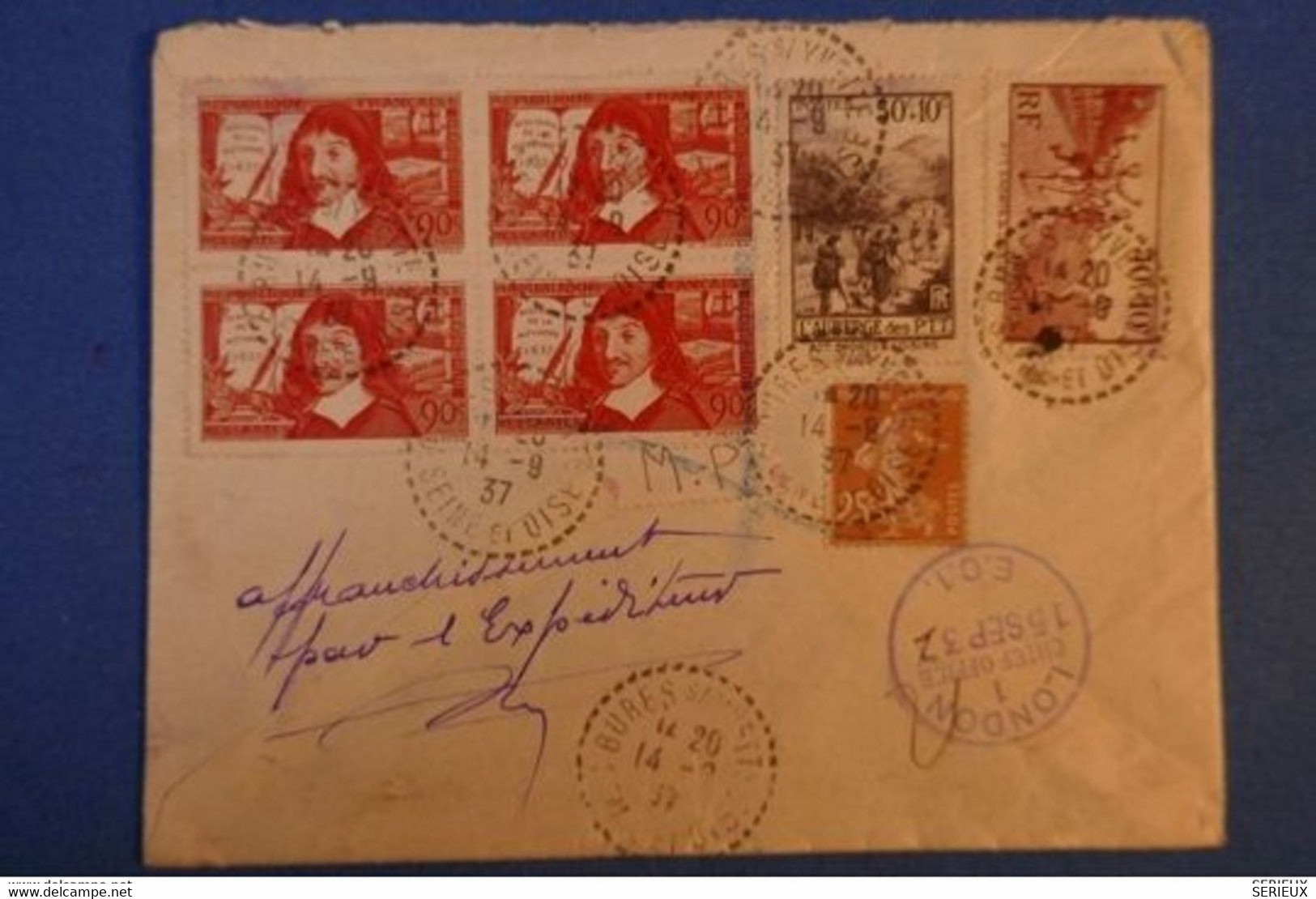 470 FRANCE BELLE LETTRE RARE 1937 M - P. BURES S YVETTE RECOMMANDé POUR LONDRES + AFFRANCHISSEMENT BLOC DE 4 TIMBRES - Covers & Documents