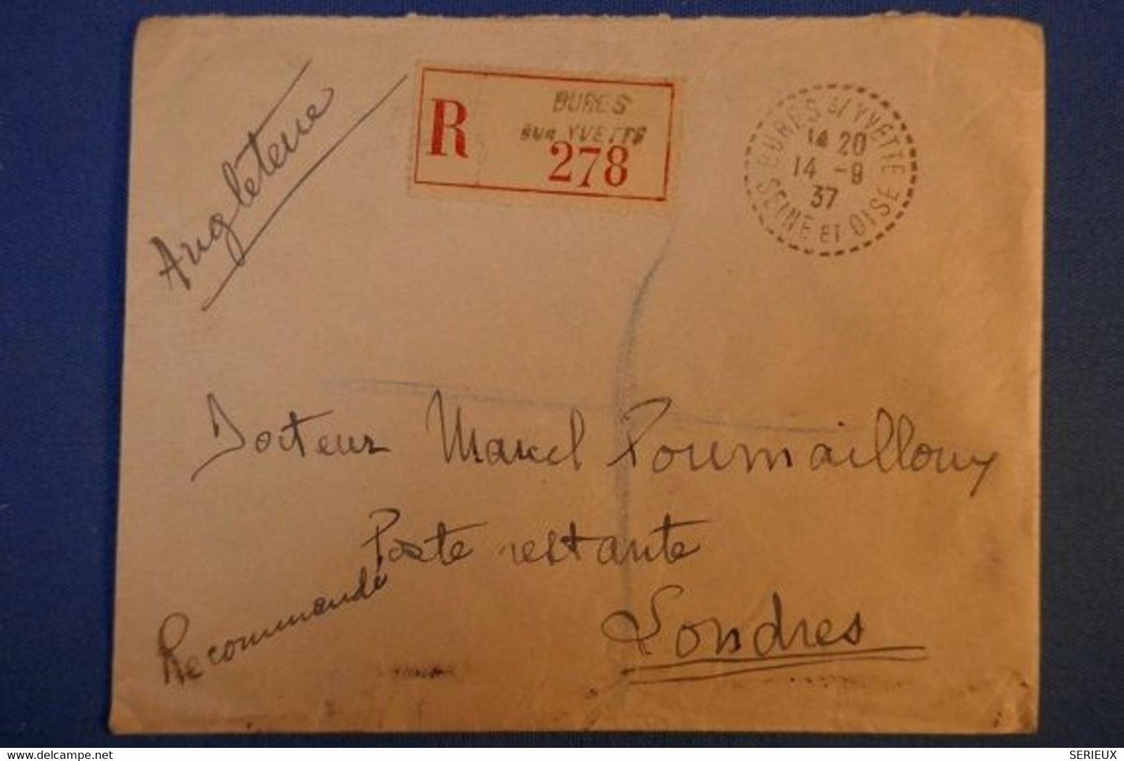 470 FRANCE BELLE LETTRE RARE 1937 M - P. BURES S YVETTE RECOMMANDé POUR LONDRES + AFFRANCHISSEMENT BLOC DE 4 TIMBRES - Covers & Documents