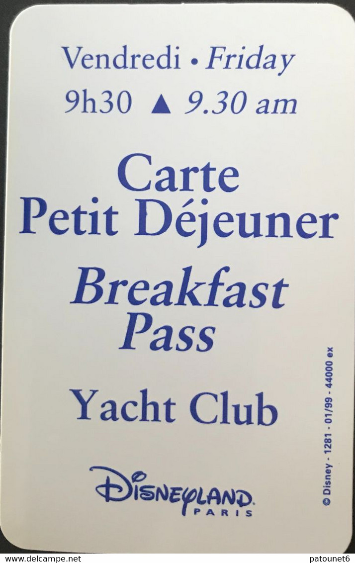FRANCE  -  DisneyLAND Paris  -  Carte Petit Déjeuner  -  Blanc  - Vendredi - 9h30 - Passeports Disney