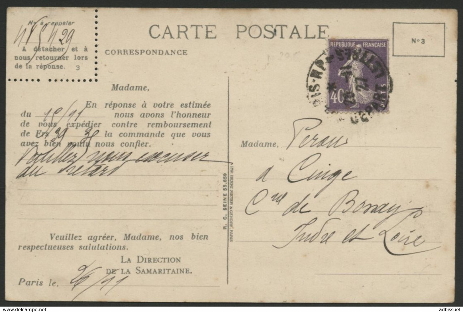 ROULETTE DU N° 236 Type Semeuse Camée Sur CP De La Samaritaine, Obl. C.à.d. "PARIS . RP - Départ Lettres 25/11/27" - Coil Stamps