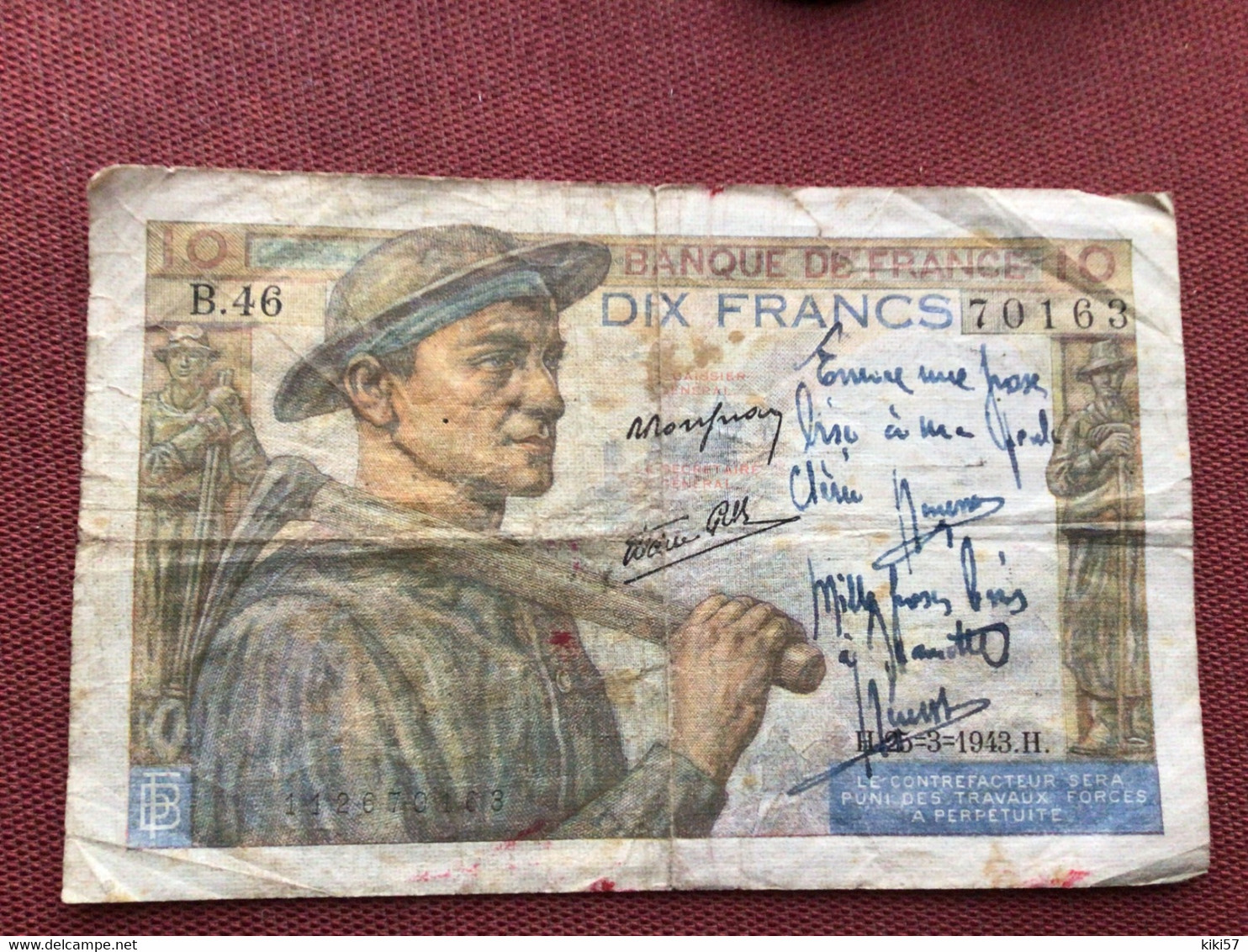 Billet De 10 Francs 1943 écrit Peut-être Par Un Prisonnier Pendant La Guerre - 10 F 1941-1949 ''Mineur''