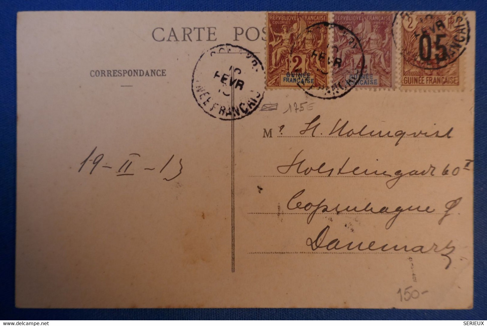 G1 GUINEE FRANCAISE BELLE CARTE RARE 1910 CONAKRY POUR COPENHAGUE DANEMARK + TOMBO - Brieven En Documenten