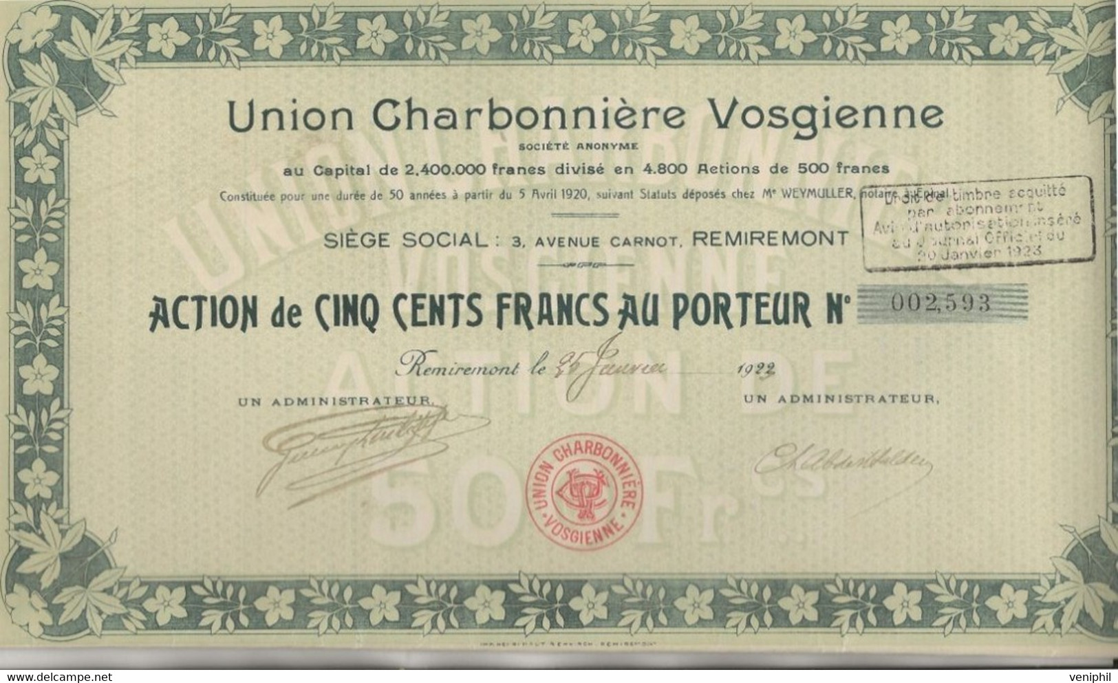 UNION CHARBONNIERE VOSGIENNE *DIVISE EN 4800 ACTIONS DE 50 FRS -REMIREMONT - ANNEE 1923 - Mines