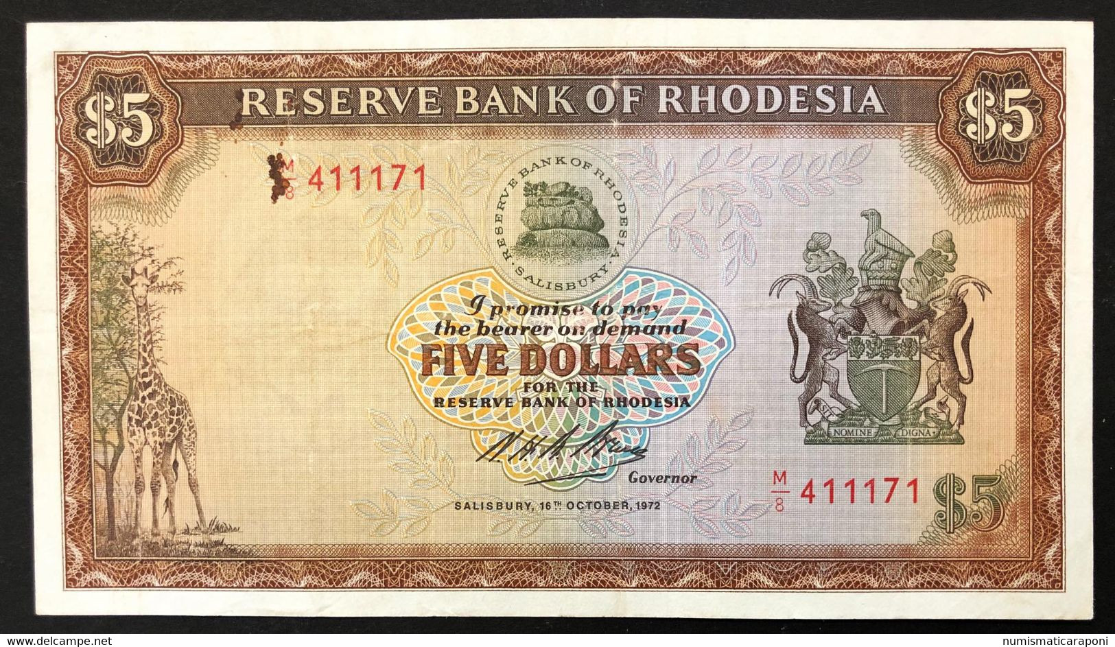 RHODESIA RODESIA 5 DOLLARI 1972 Pick#32a Lion Leone Lotto 3520 - Rhodésie