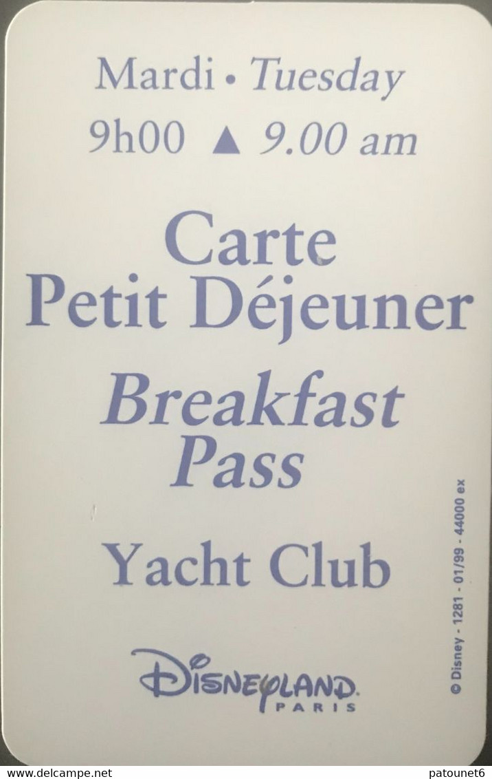 FRANCE  -  DisneyLAND Paris  -  Carte Petit Déjeuner  -  Mauve Clair  -  Mardi - 9h00 - Disney Passports