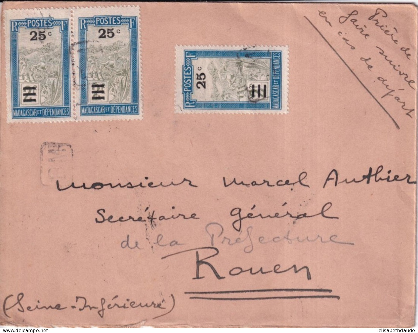 MADAGASCAR - 1933 - RARE ANNULATION "BM" BOITE MOBILE MARITIME Sur ENVELOPPE => ROUEN - Lettres & Documents