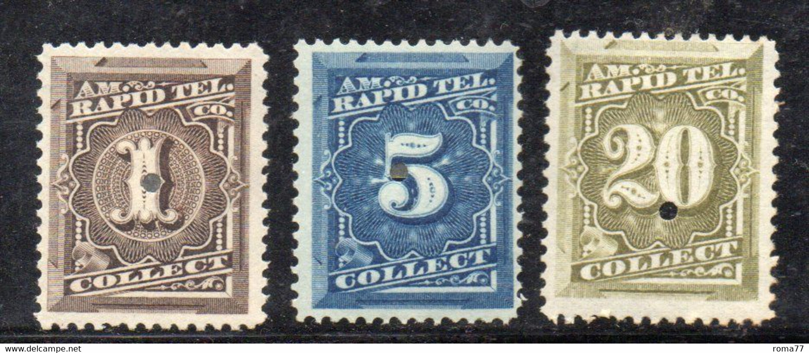 XP2612 - STATI UNITI , Tre AM Rapid Tel Co. Telegram Stamps With Punch Cancel (LUK) - Telegraphenmarken