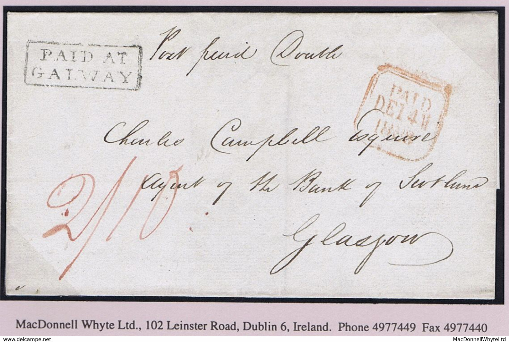 Ireland Galway 1838 Boxed PAID AT/GALWAY Clear In Black On Cover To Glasgow Prepaid "2/10" Double Rate - Préphilatélie