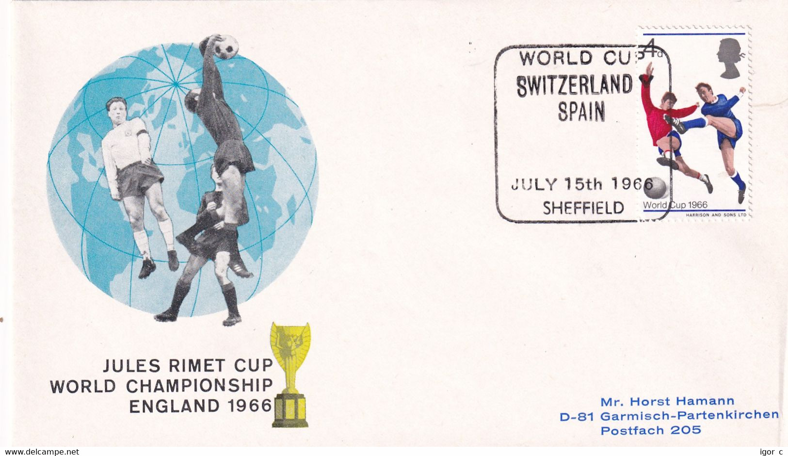 England UK 1966 Cover: Football Fussball Soccer; FIFA World Cup 1966 Jules Rimet Cup; Switzerland - Spain; Sheffield - 1966 – Angleterre