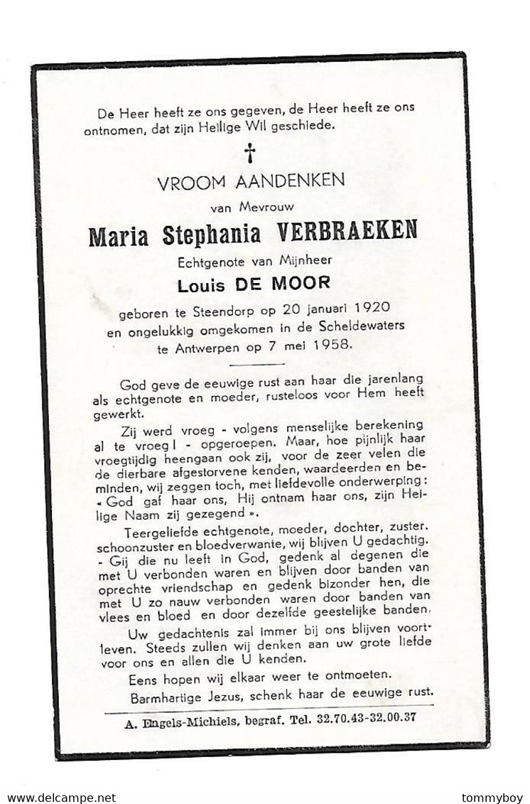 Maria Stephania Verbraeken, Steendorp 1920 - Ongelukkig Omgekomen In De Scheldewaters Antwerpen 1958 - Esquela