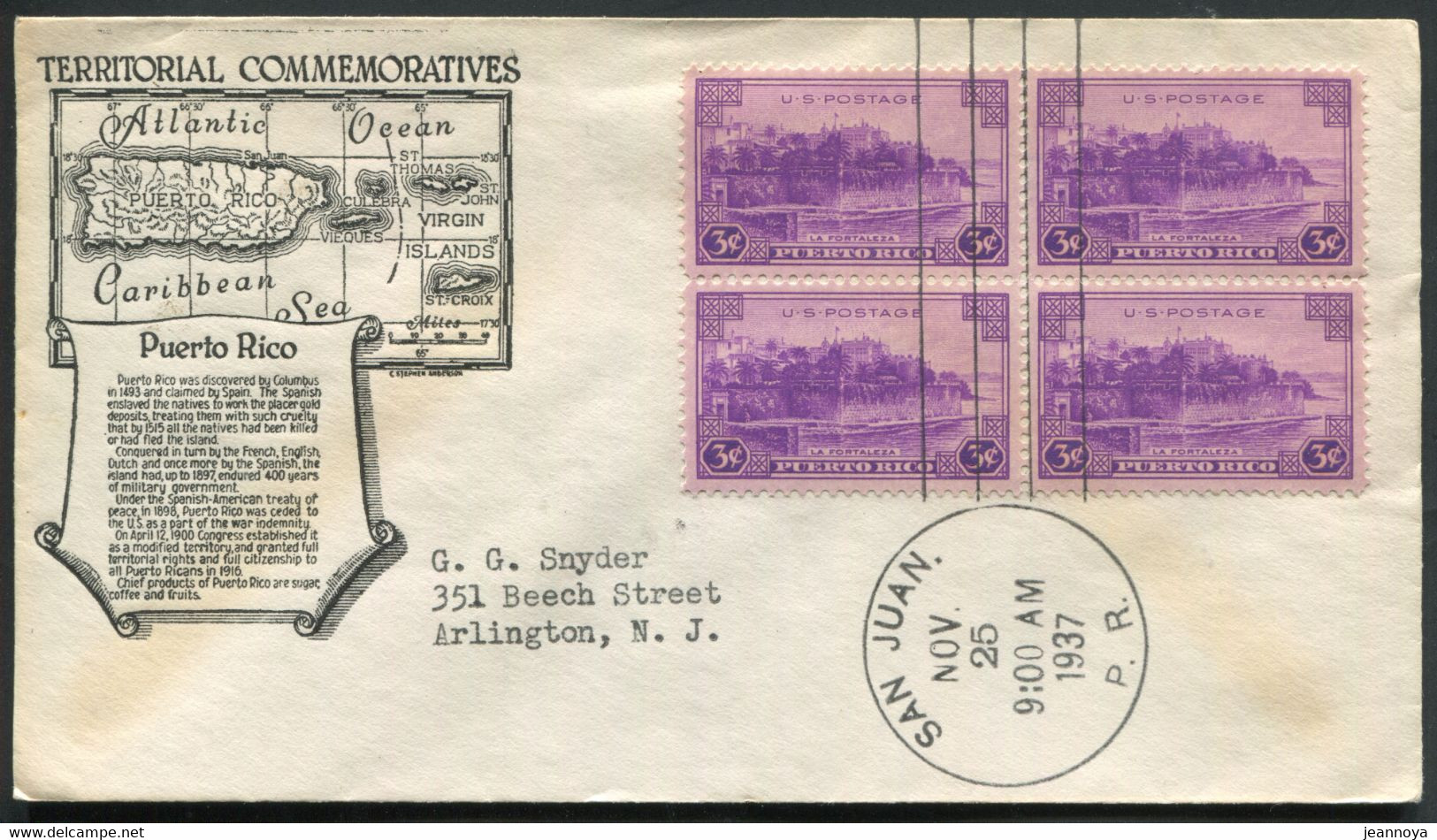 PUERTO RICO - USA N° 366 (4) / FDC OBL SAN JUAN LE 25/11/1937 POUR USA - SUP - 1941-1950