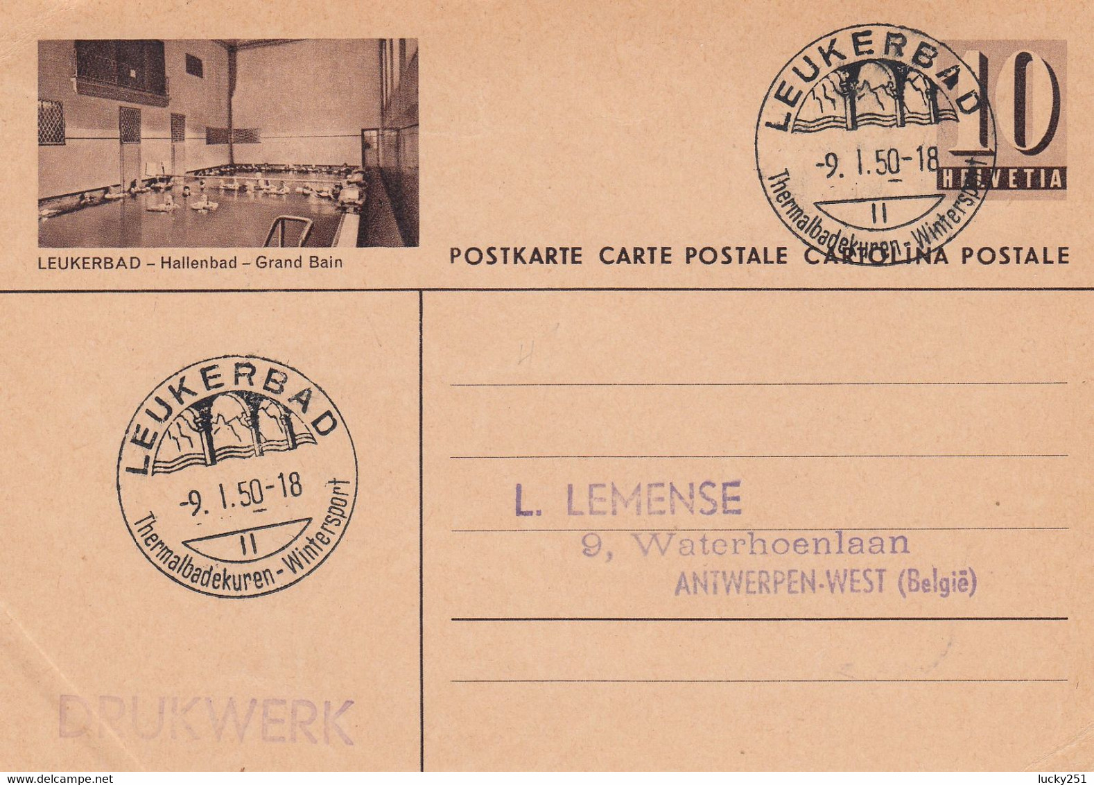 Suisse - Entiers Postaux - Carte Illustrée Leukerbad  -  De Leukerbad Vers Belgique - 09/01/1950 - Illust. Et Oblit Idem - Entiers Postaux