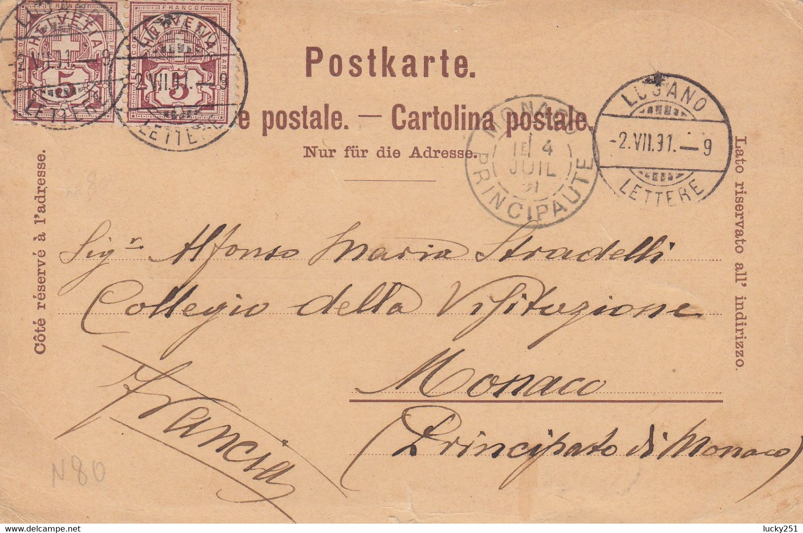 Suisse - Entiers Postaux - Carte Illustrée Lugano - Carte De 1891 - Lugano à Monaco - 02/07/1891 - Entiers Postaux