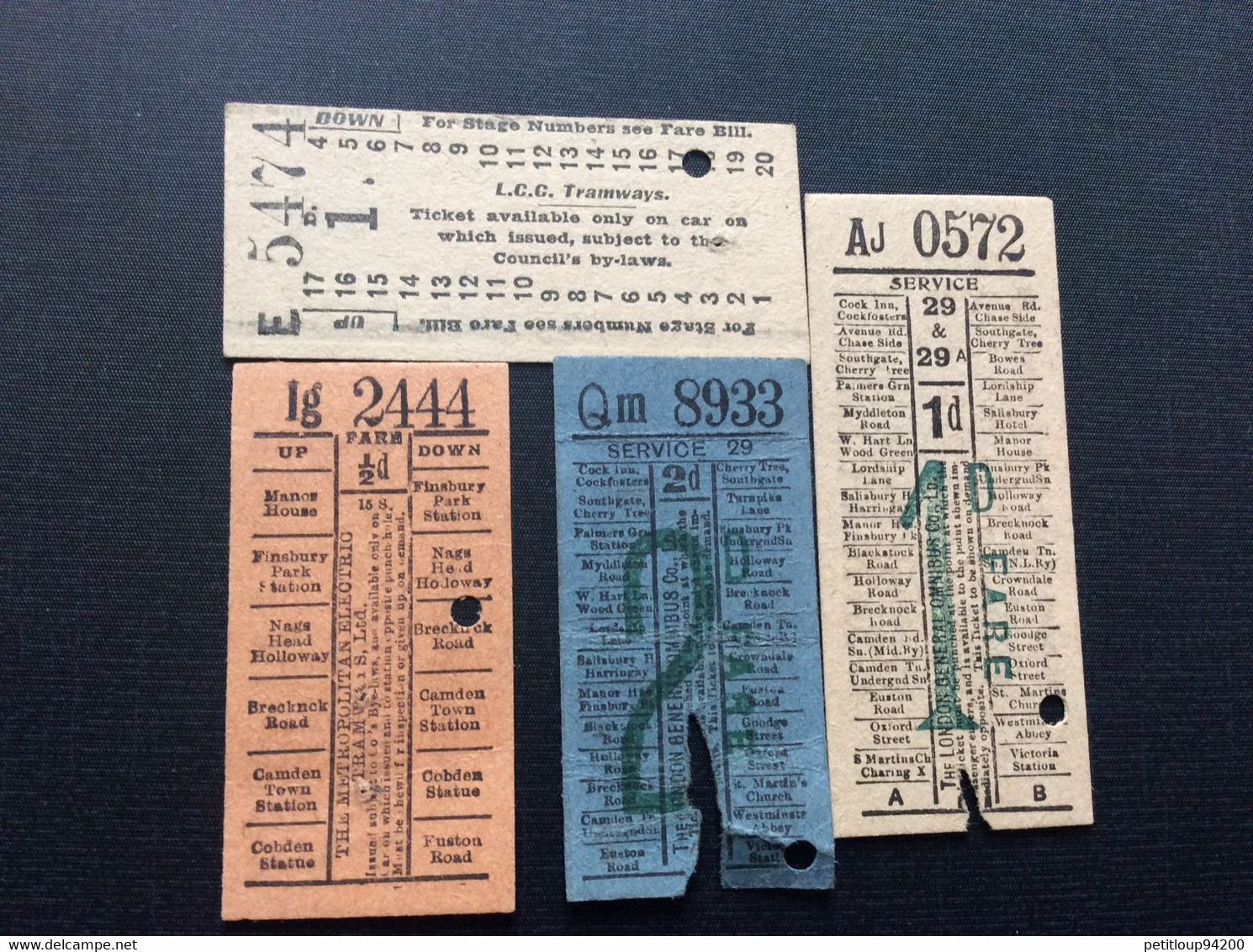 4 TICKETS TRANSPORT  *The Metropolitan Electric Tramway  *The London General Omnibus Co *L.L.C.Tramways  LONDRES - Europe