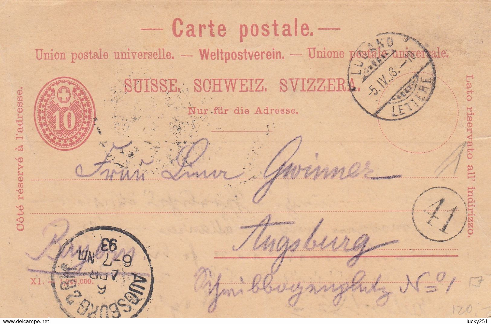 Suisse - Entiers Postaux - Carte Illustrée Lugano - Carte De 1893 - Lugano à Augsburg - 05/04/1893 - Postwaardestukken