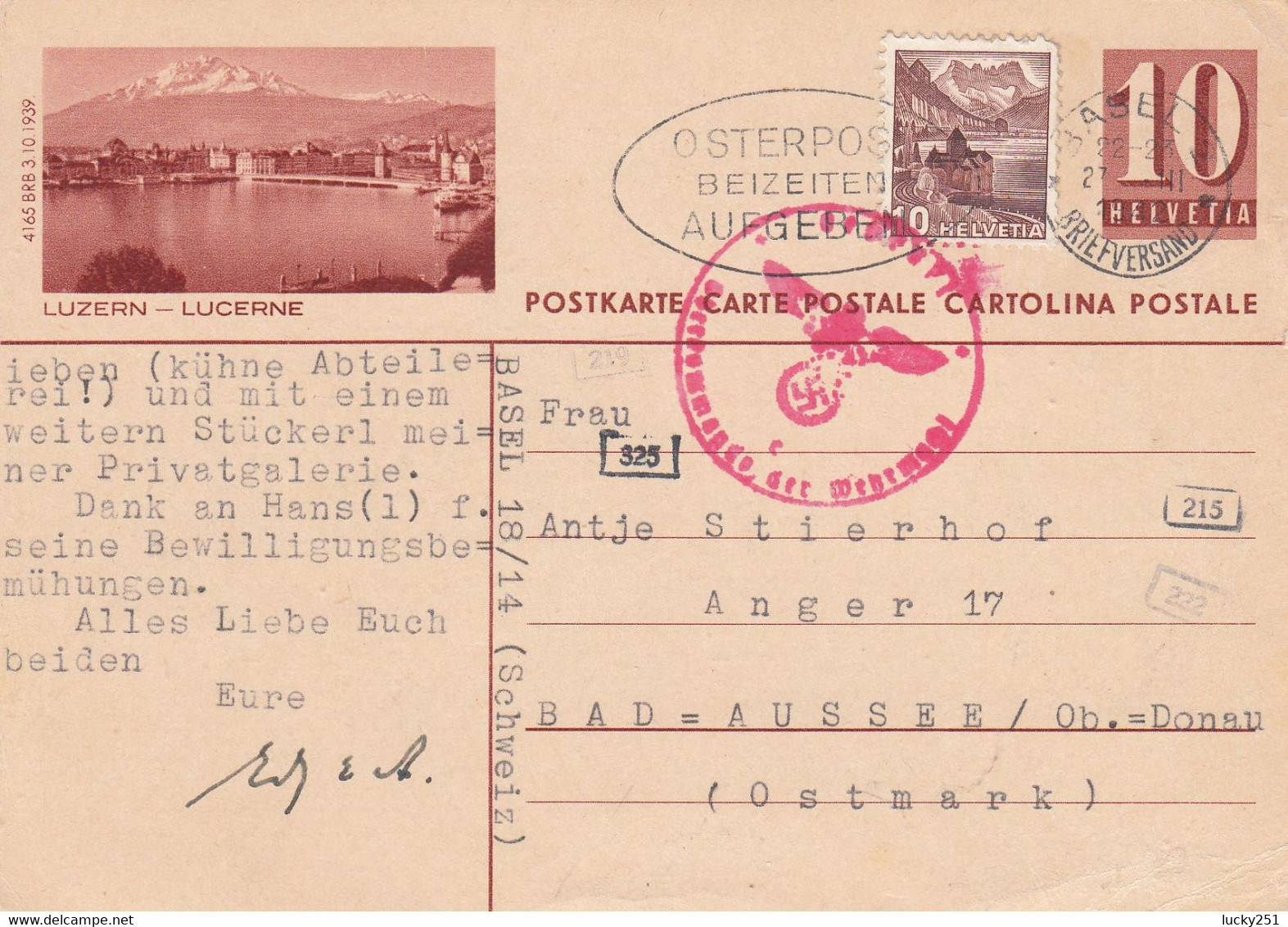 Suisse - Entiers Postaux - Carte Illustrée Luzern Lucerne - De Basel à Bad Aussee - 27/03/1942 - Ganzsachen