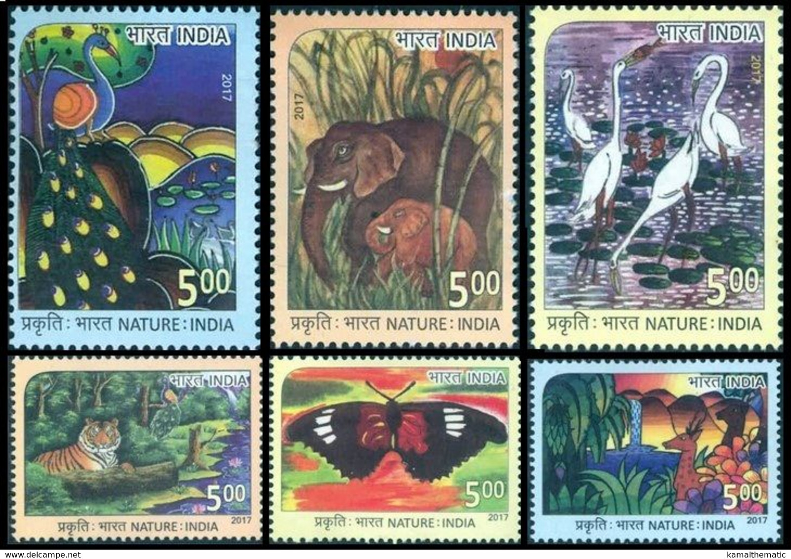 Tiger, Peacock, Butterflies, Dear, Elephant, Crane, Animals, Birds, India 2017 MNH 6v - Pauwen